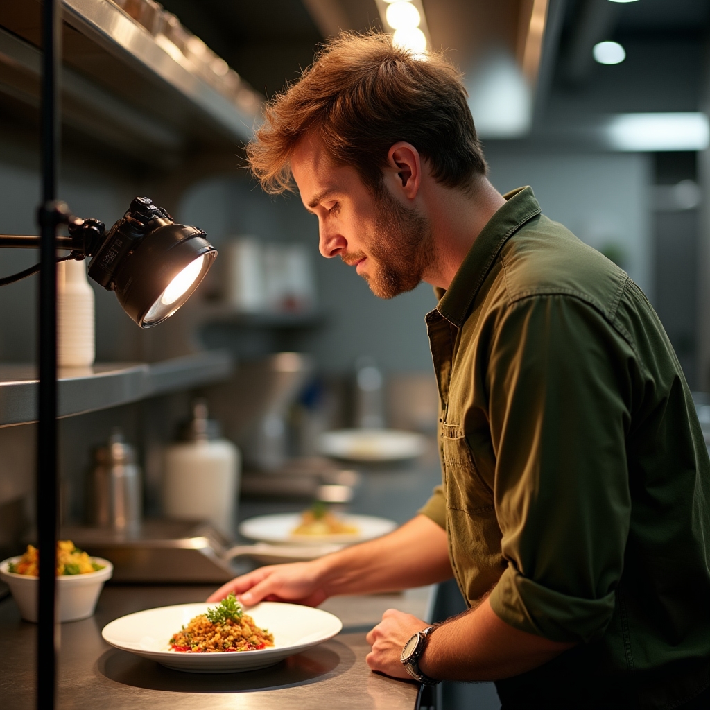 Fotograf beim Ablichten eines servierten Gerichts in einer Restaurantküche