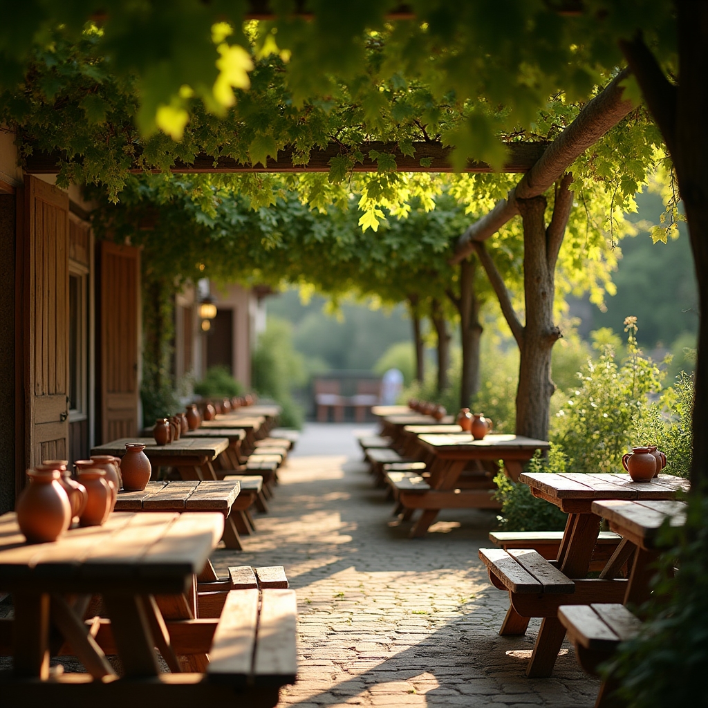 Heuriger-Terrasse mit Weinreben und rustikalen Holztischen