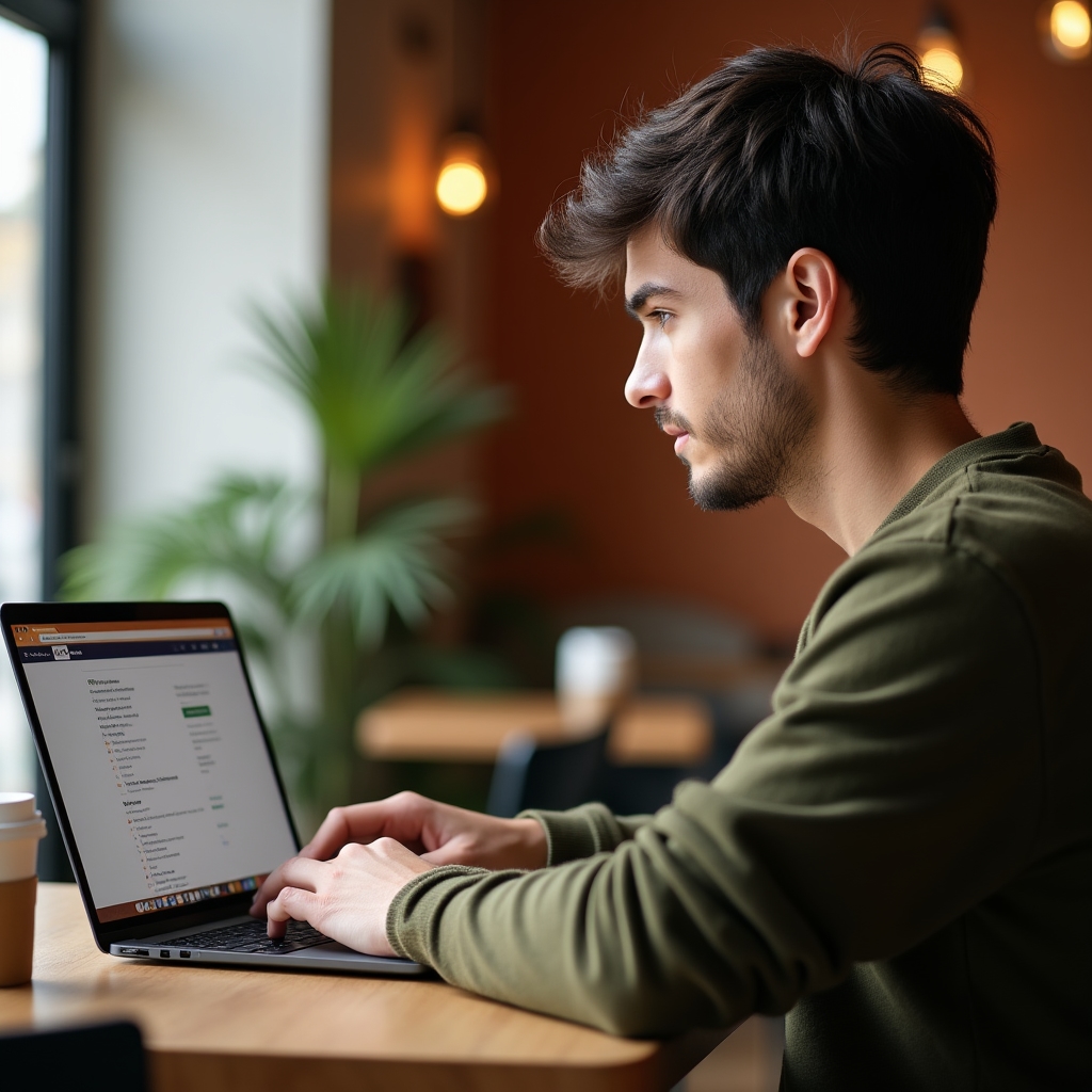 Person bearbeitet digitale Speisekarte über Laptop in einem gemütlichen Café