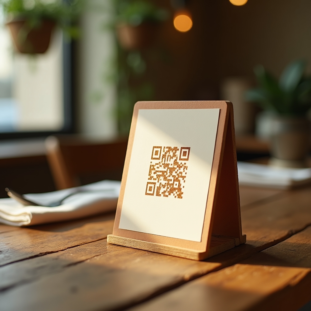 QR-Code-Aufsteller auf einem Restauranttisch neben Besteck