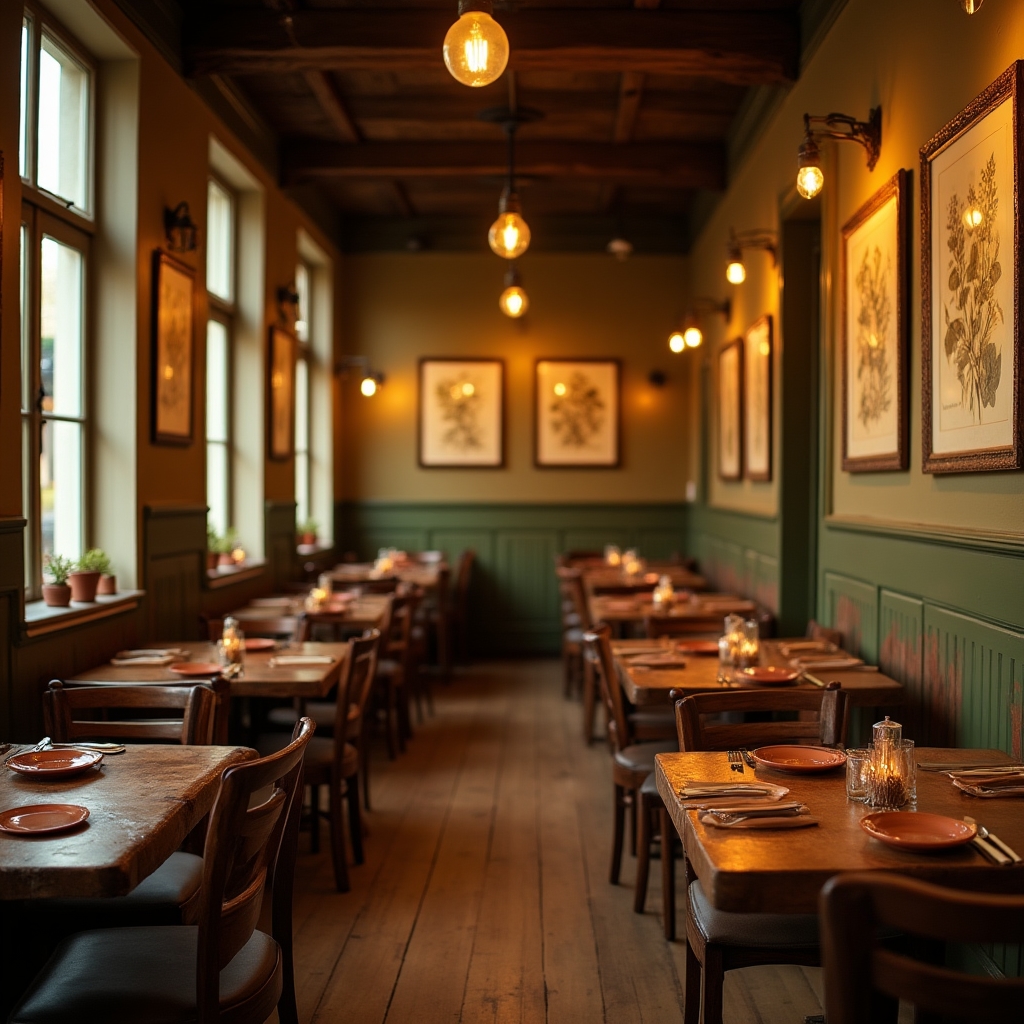 Warm beleuchtetes Restaurantinterieur mit gedeckten Tischen